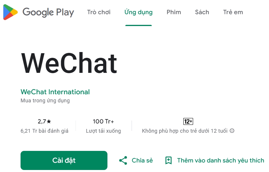 Thông tin về WeChat trên kho ứng dụng google play được google cung cấp