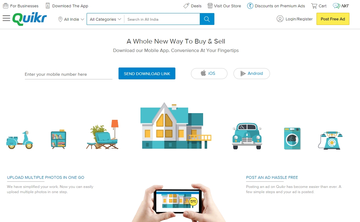 Cách đăng ký Quikr: Homes, Jobs, Cars Etc với số điện thoại ảo - Giao diện website Quikr