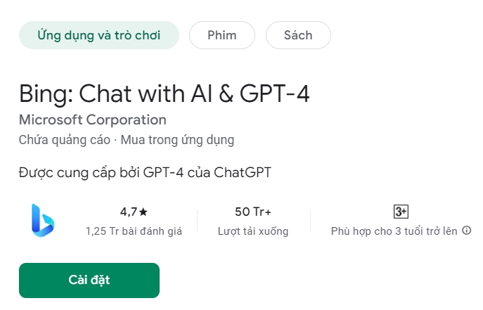 Thông tin ứng dụng Bing Chat With AI GPT 4 trên kho ứng dụng Google Play