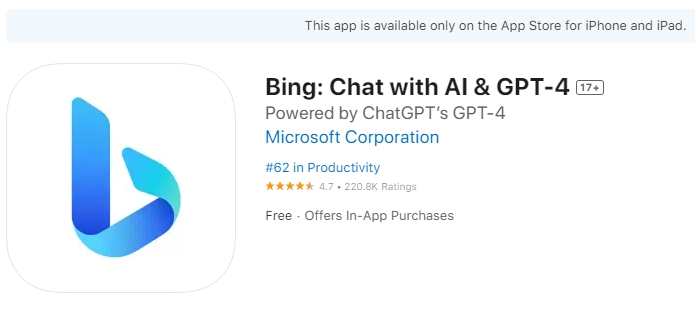 Thông tin ứng dụng Bing Chat With AI GPT 4 trên kho ứng dụng App Store - Cách đăng ký tài khoản Bing Chat with AI & GPT-4