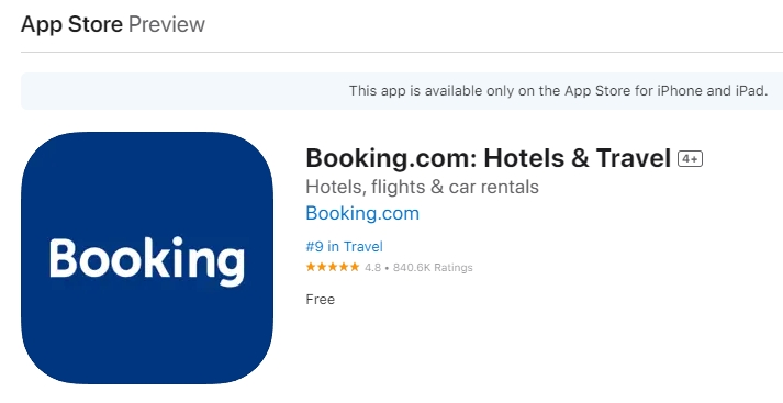 Thông tin về Booking.com trên kho ứng dụng App Store