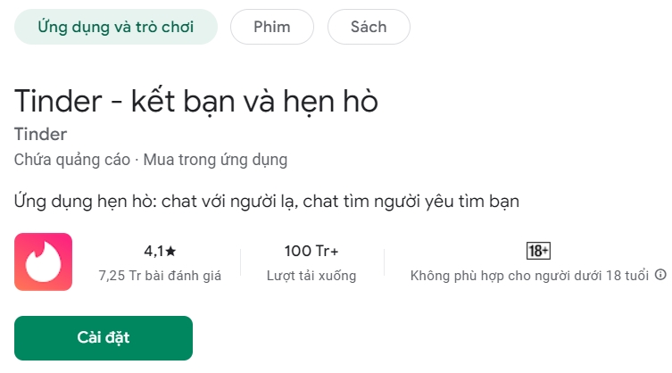 Thông tin về ứng dụng Tinder trên kho ứng dụng Google Play