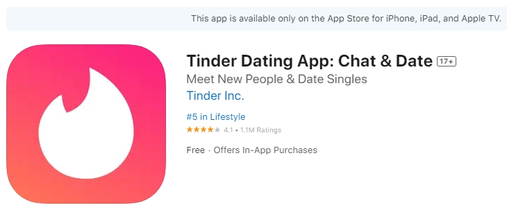 Thông tin về tinder trên kho ứng dụng App Store