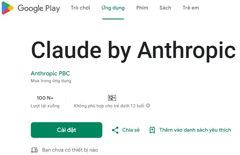 Thông tin ứng dụng Claude ai trên kho ứng dụng google play