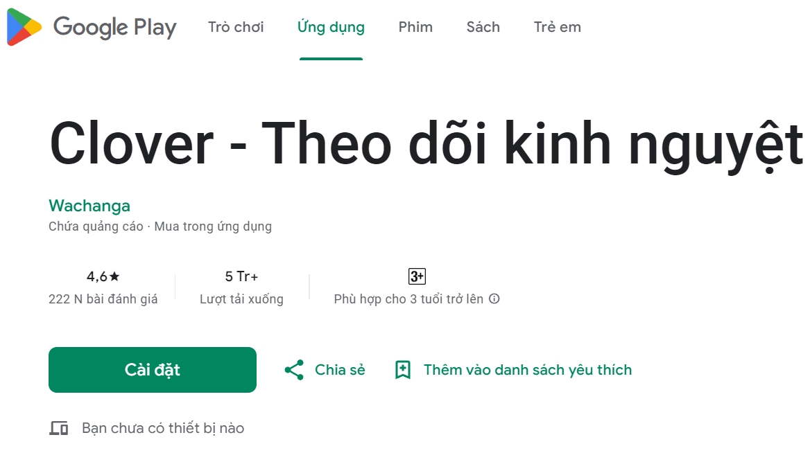 Thông tin chung về ứng dụng Clover Theo dõi kinh nguyệt trên google play