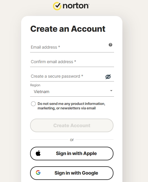 Quá trình đăng ký tạo tài khoản Norton diễn ra đơn giản