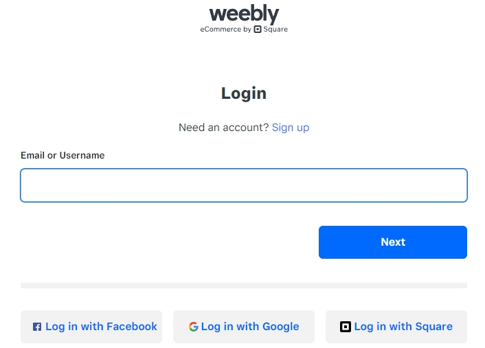 Giao diện đăng nhập Weebly rất đơn giản và tiện lợi