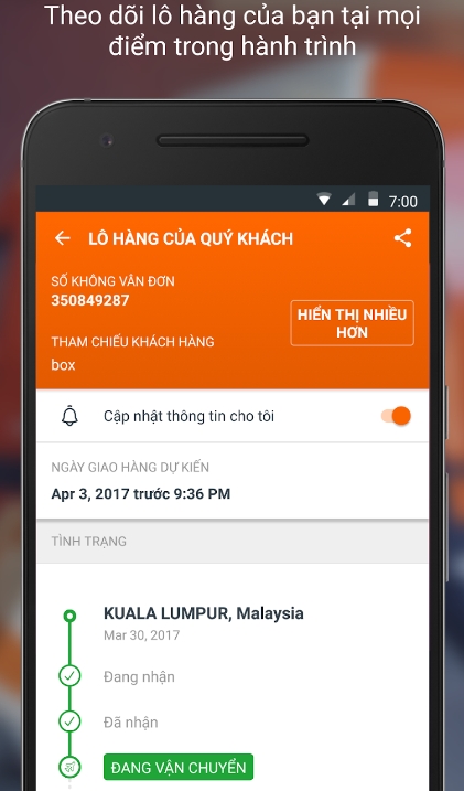 Thông tin lô hàng, tình trạng vận chuyển được thể hiện rõ trên ứng dụng TNT Fedex Express