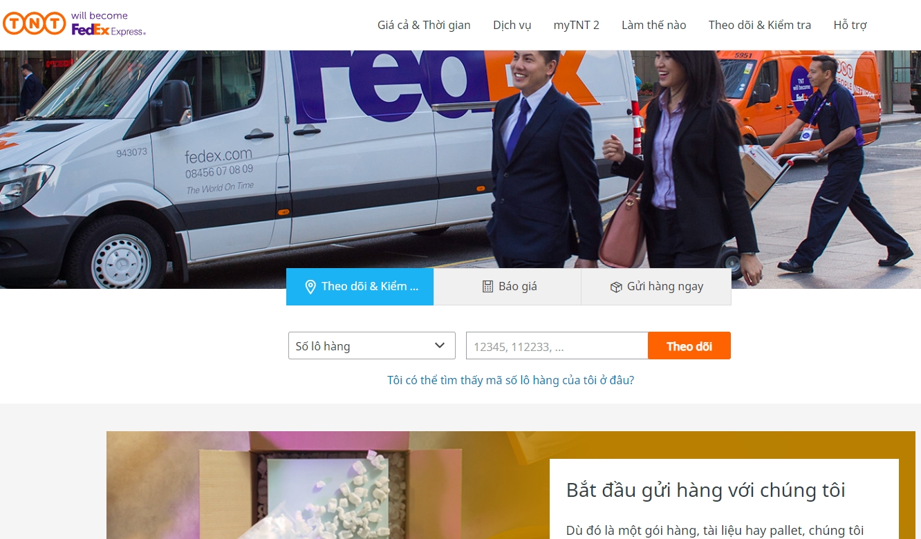 Giao diện trang chủ của website TNT Fedex Express