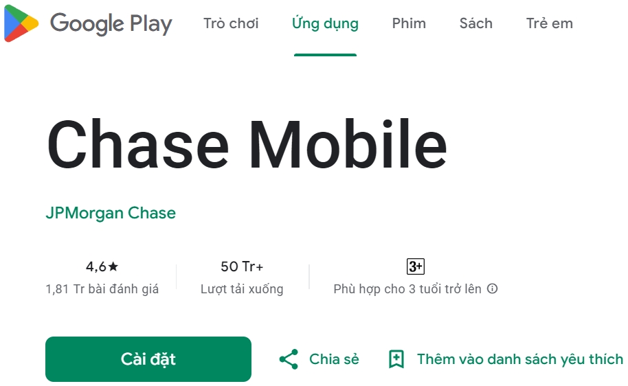 Một số thông tin của Chase Bank trên kho ứng dụng