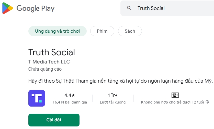 Các thông tin về mạng Truth Social trên kho ứng dụng Google Play