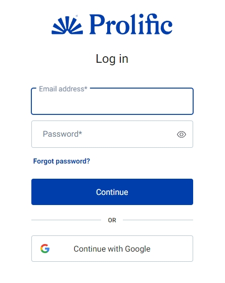 Điền địa chỉ email và mật khẩu để đăng nhập vào prolific.com