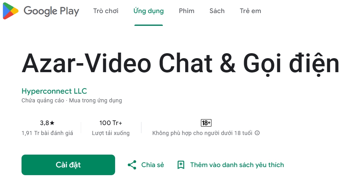 Thông tin về ứng dụng Azar trên kho ứng dụng google Play