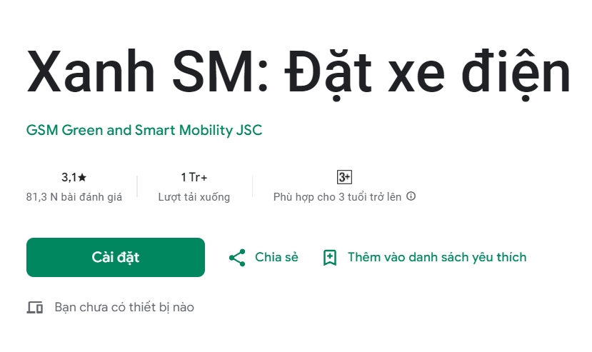 Một số thông tin chung về ứng dụng gọi xe Xanh SM trên chợ ứng dụng của google