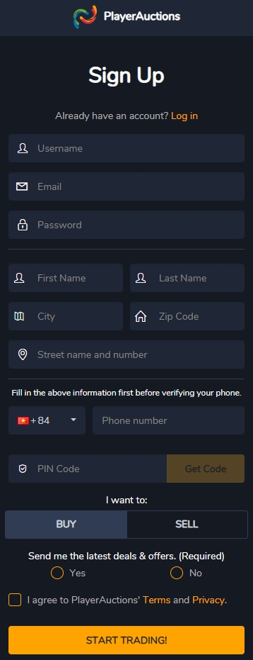 Bạn phải điền đầy đủ thông tin được yêu cầu trước khi đăng ký playerauctions bằng sim ảo