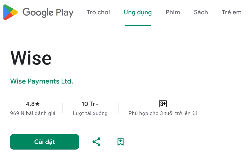 Thông tin ứng dụng trên kho ứng dụng google - Cách đăng ký thành viên chuyển tiền quốc tê Wise