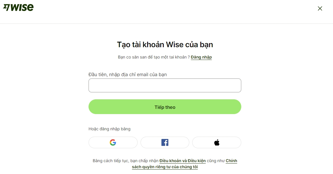 Có nhiều sự lựa chọn khi đưng ký thành viên Wise để chuyển tiền