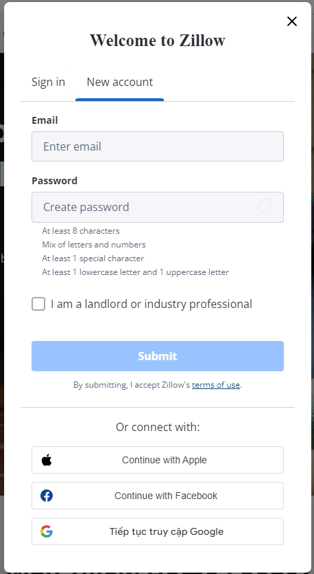Bạn có nhiều sự lựa chọn khi đăng ký thành viên trên Zillow