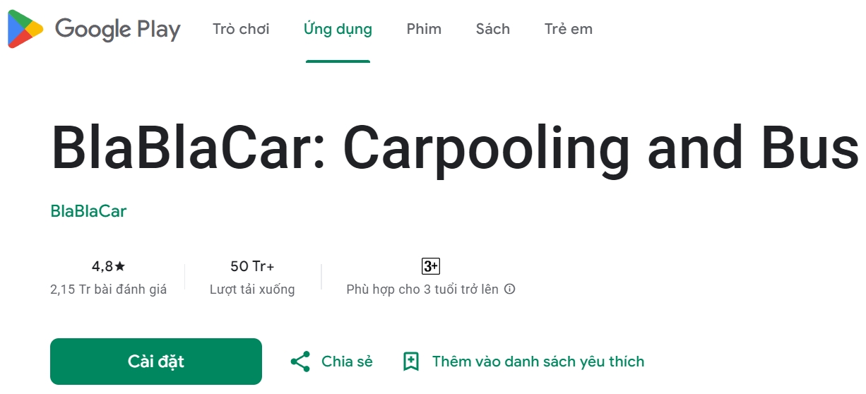 Hình ảnh thông tin ứng dụng blablacar trên kho ứng dụng - Đăng ký ứng dụng blablacar giá rẻ