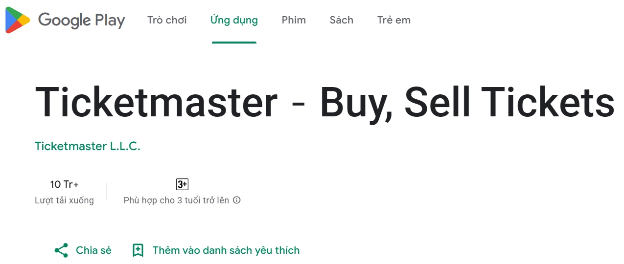 Một số thông tin về Ticketmaster trên kho ứng dụng - Hướng dẫn đăng ký tài khoản Ticketmaster