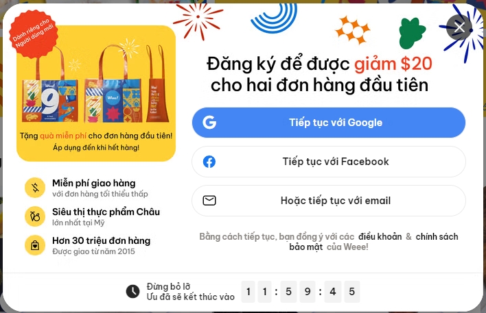 Chương trình khuyến mãi đăng ký tài khoản Weee Shop được tặng 20$ -  Hướng dẫn đăng ký và sử dụng Weee Shop