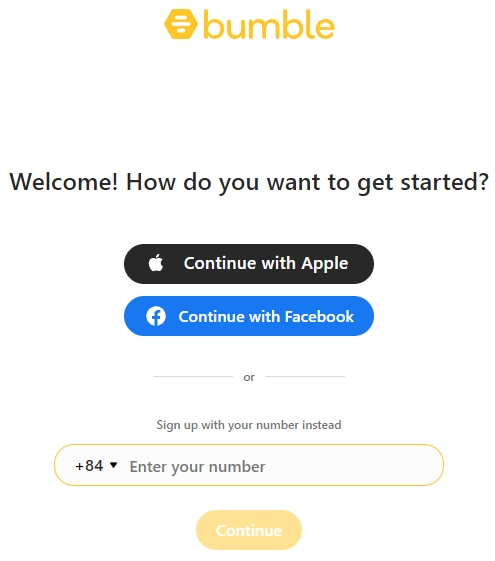 Ứng dụng Bumble cho phép bạn đang ký nhanh bằng số điện thoại