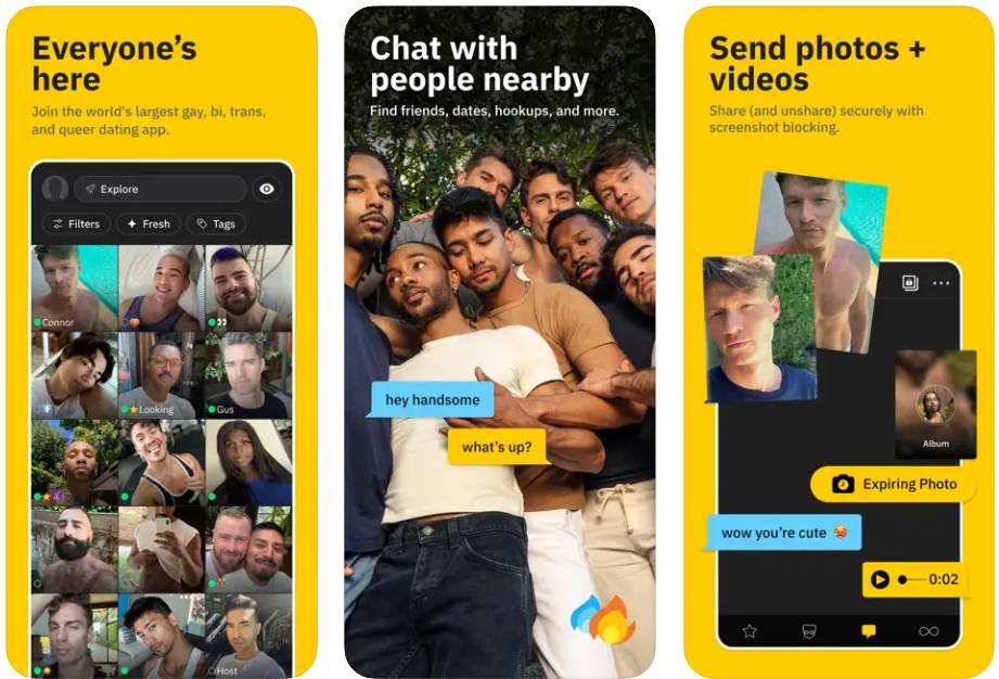 Trên Grindr bạn có thể trò chuyện với những người có dấu chấm xanh vì họ đang online