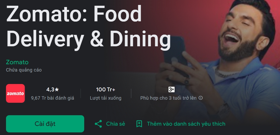 Thông tin ứng dụng trên kho google Play Tạo tài khoản zomato Ấn Độ